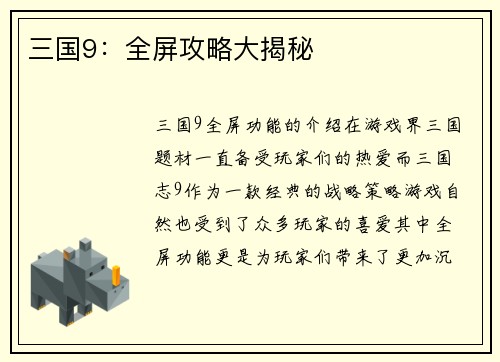 三国9：全屏攻略大揭秘